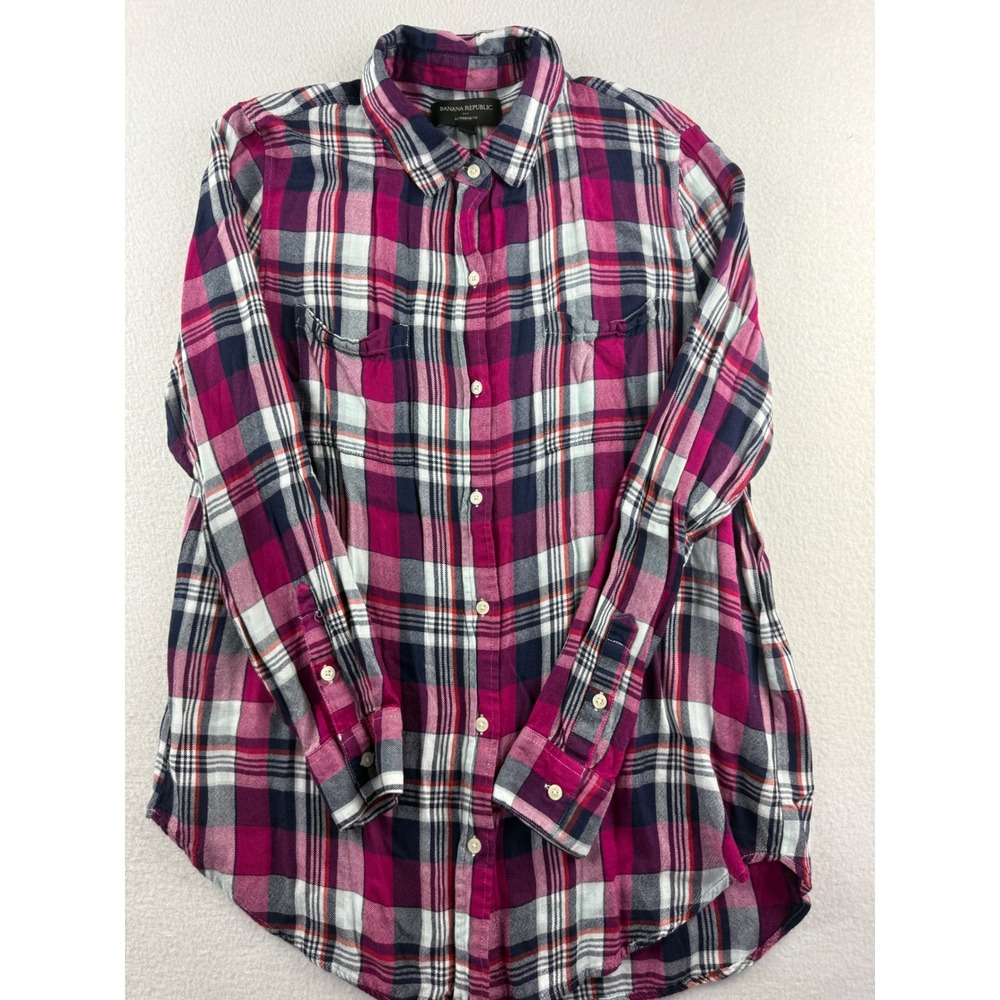 Banana Republic Womens Magenta‎ Plaid Boyfriend Fit Rayon Button Up Shirt Medium